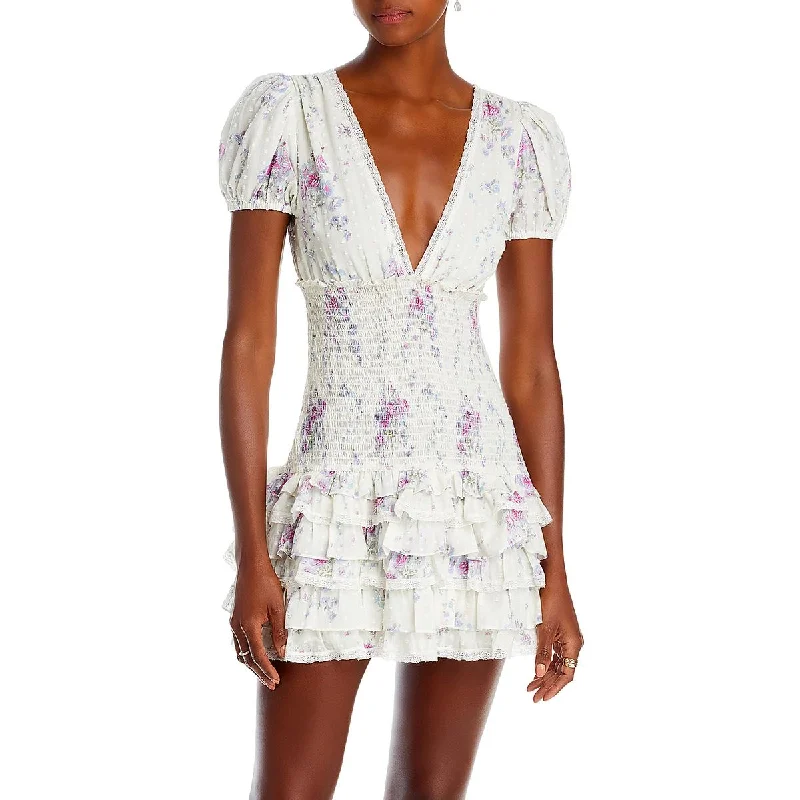 LoveShackFancy Womens Radia Smocked Tiered Mini Dress Trendy Floral Mini Dress