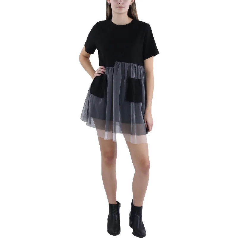 Madonna & Co. Womens Tulle Trim Short Mini Dress Chic Pleated Mini Dress
