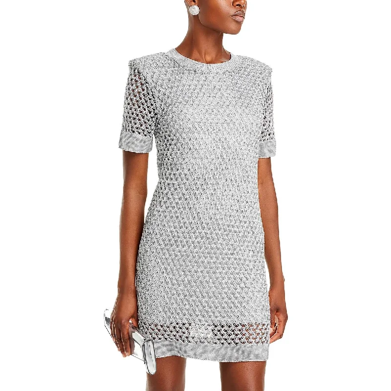 Milly Womens Above Knee Metallic Mini Dress Stylish Ribbed Mini Dress