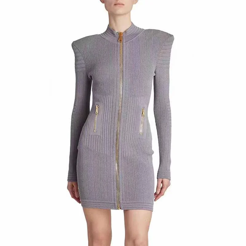 Mini Dress Ladies Long Sleeve Knitted Dress with Zips Cozy Knit Mini Dress