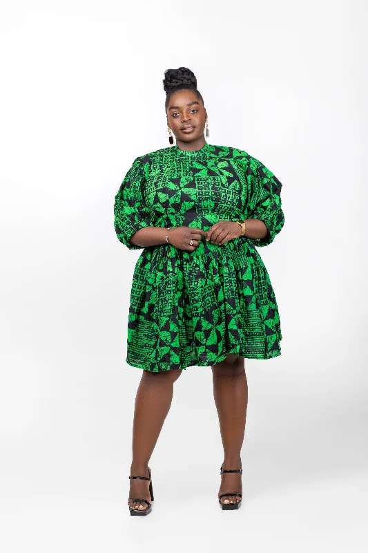 Morayo Ankara Short Mini Dress | Green African Print Trendy Cut-Out Mini Dress