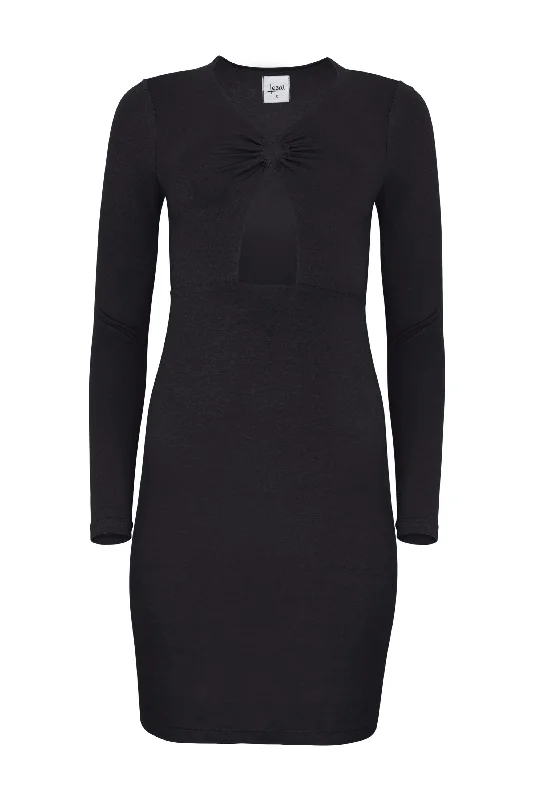 Nelly Front Cut Out Modal Mini Dress - Black Stylish Puff Sleeve Mini Dress