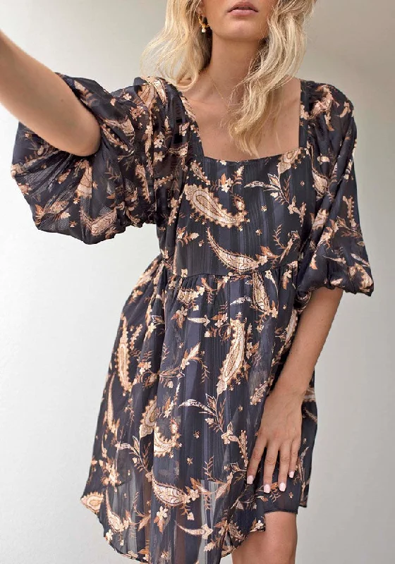 Nighttide Paisley Sleeve Mini Dress Elegant Satin Mini Dress