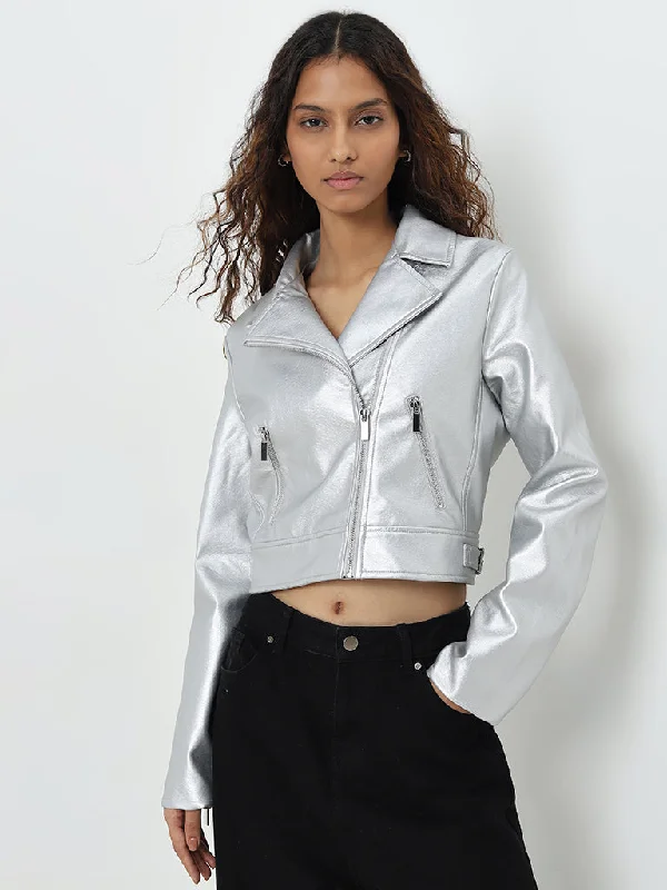 Nuon Silver Faux Leather Jacket V-Neck Jacket Boat Neck Jacket Square Neck Jacket