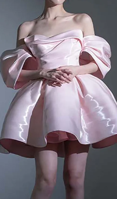 OFF SHOULDER SATIN MINI DRESS IN PINK Cozy Sweater Mini Dress