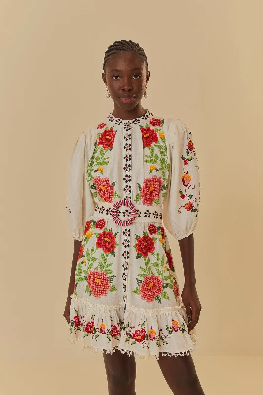 Off-White Embroidered Carmina Floral Short Sleeve Mini Dress Cozy Wraparound Mini Dress
