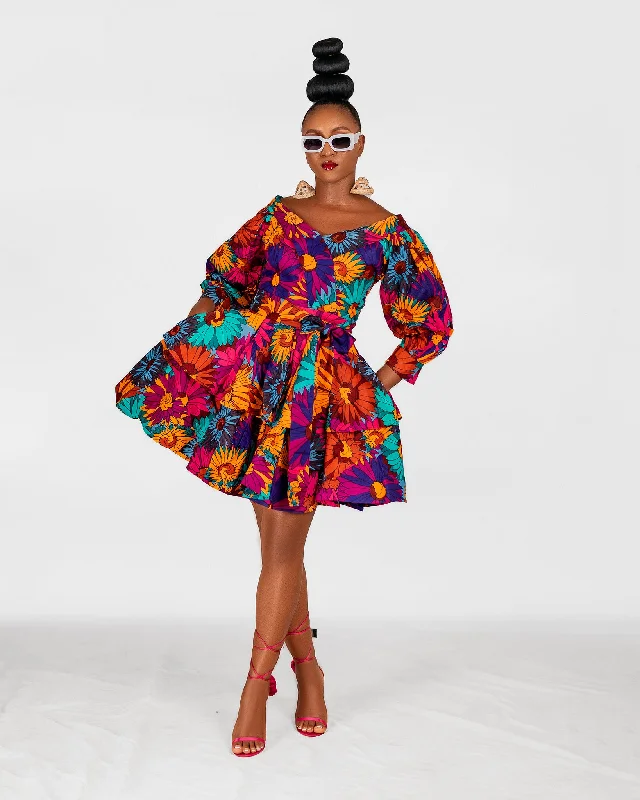 Pamela Ankara Mini Dress | Pink and Blue Multicoloured African Print Stylish Floral Print Mini Dress