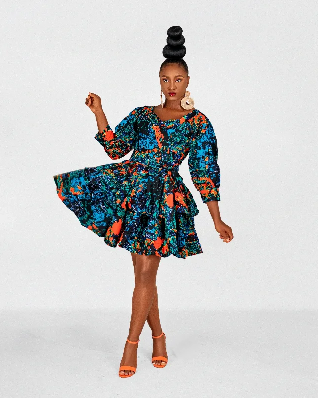 Peng Ankara Mini Dress | Blue Orange Multicoloured Print Elegant Mini Dress with Pleats Peng Ankara Mini Dress | Blue Orange Multicoloured Print Elegant Mini Dress with Pleats