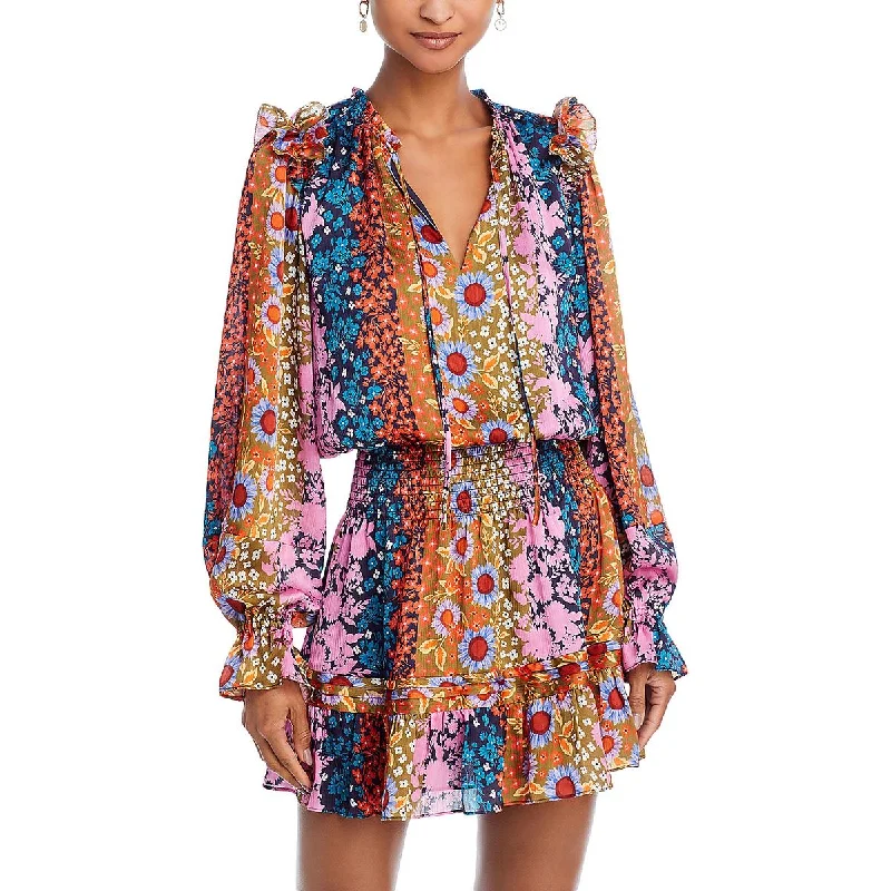 Ramy Brook Womens Mak Printed Smocked Mini Dress Stylish Button-Down Mini Dress