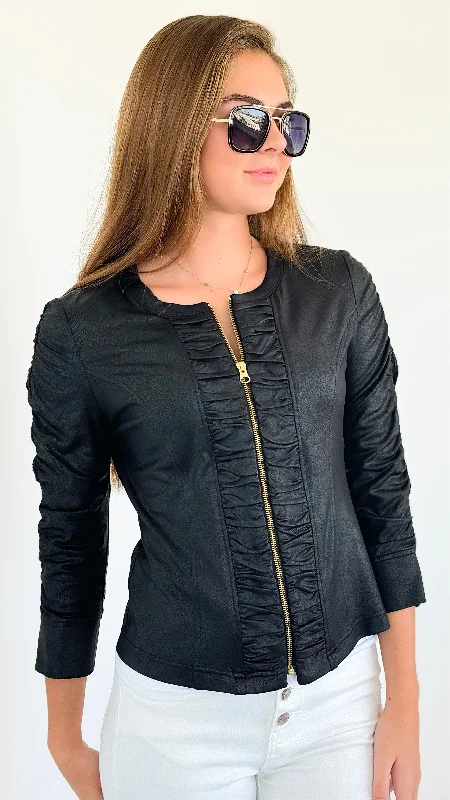 Ruched Zip-Up Leather Jacket Belted Jacket Elasticated Jacket Padded Jacket