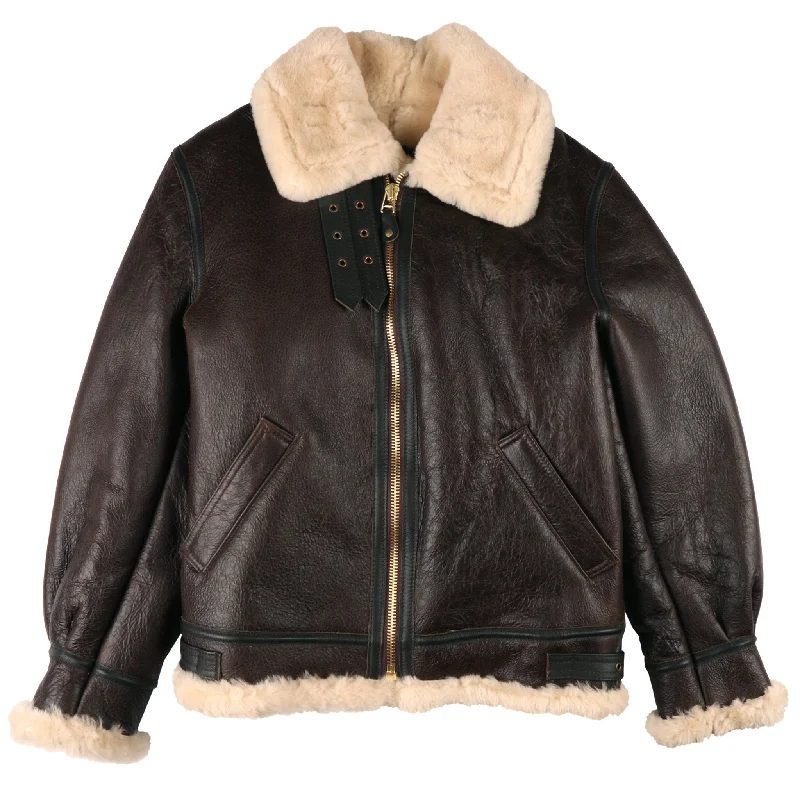 257S - Classic B-3 Sheepskin Leather Bomber Jacket - Brown Zip Front Button Front Snap Front 257S - Classic B-3 Sheepskin Leather Bomber Jacket - Brown Zip Front Button Front Snap Front