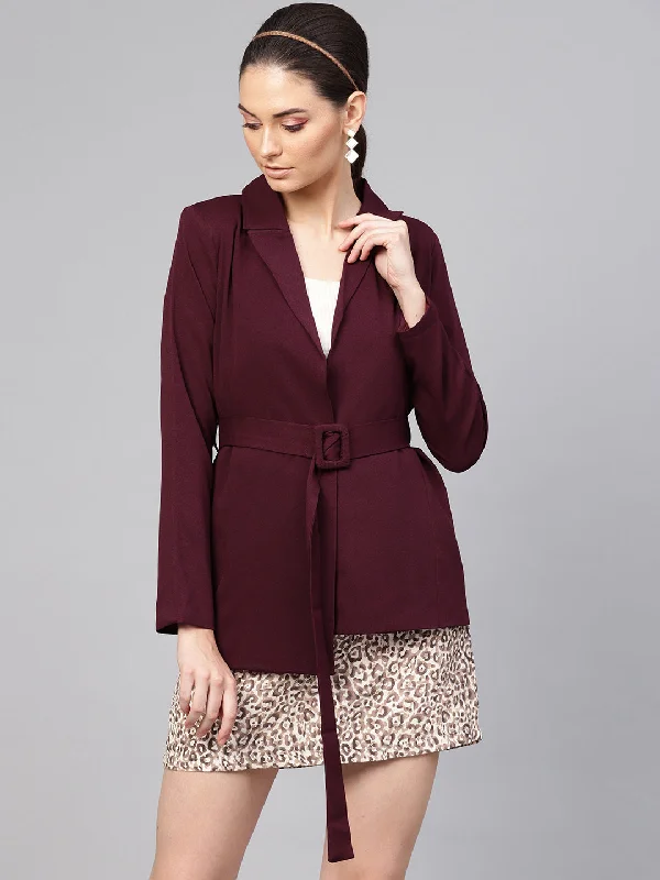 Burgundy Belted Jacket Hooded Jacket Caped Jacket Shawl Collar Jacket