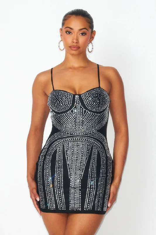 Sprinkle Rhinestone Bodycon Mini Dress Fashionable Lace Mini Dress