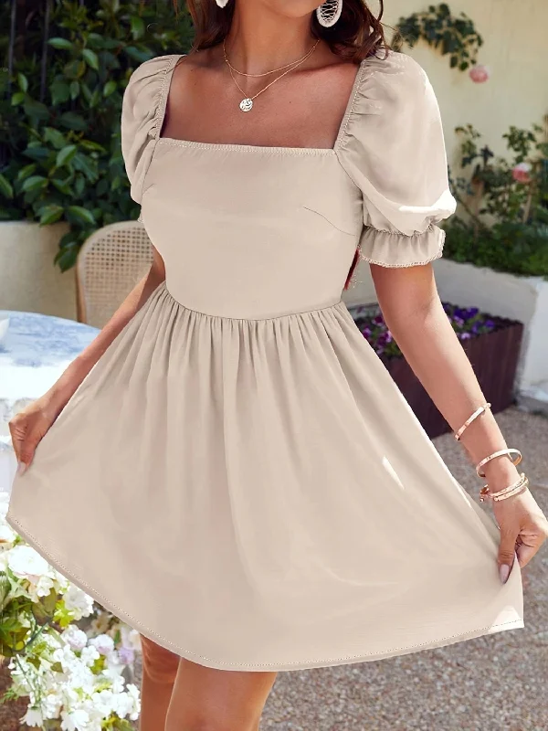 Square Neck Flounce Sleeve Mini Dress Chic Puff Sleeve Mini Dress