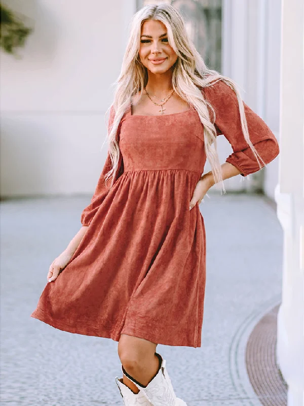 Square Neck Three-Quarter Sleeve Mini Dress Cozy T-Shirt Mini Dress