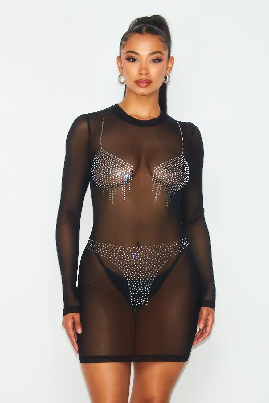 Stand Out Sheer Mesh and Rhinestone Mini Dress Casual Button-Up Mini Dress