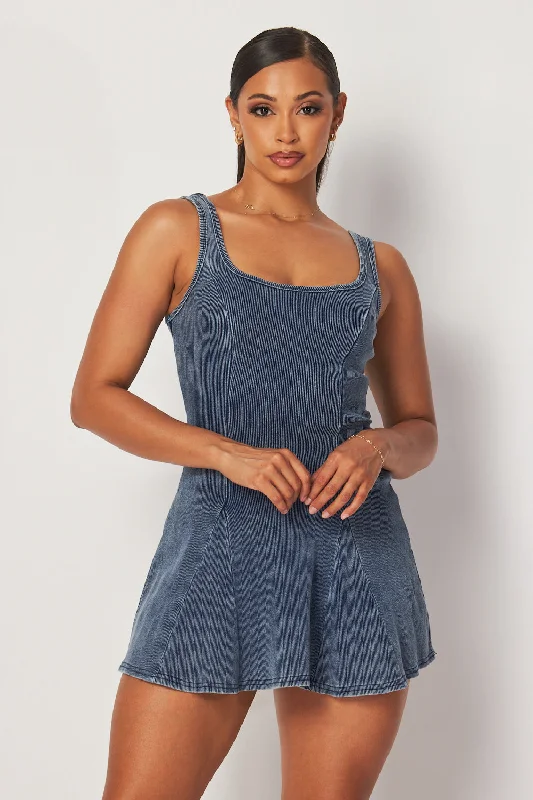Suri Sleeveless Rib Knit Skater Tank Mini Dress Fashionable Polka Dot Mini Dress