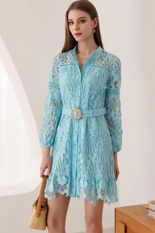 Tammy Lace Mini Dress - Aqua Elegant Satin Lace Mini Dress