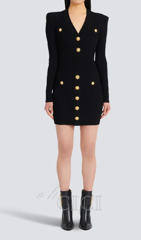 TARA BLACK SHORT KNITTED MINI DRESS WITH GOLD BUTTONS Elegant Satin Mini Dress