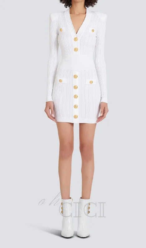 TARA WHITE SHORT KNITTED MINI DRESS WITH GOLD BUTTONS Trendy Tie-Dye Mini Dress