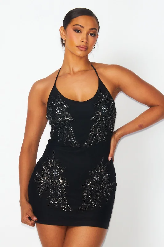 This Love Rhinestone Floral Detail Halter Mini Dress Fashionable Pleated Mini Dress