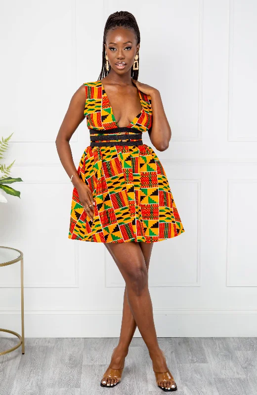 Traditional Kente African Print Plunge Neckline Mini Dress - KENYA Comfortable Bodycon Mini Dress Traditional Kente African Print Plunge Neckline Mini Dress - KENYA Comfortable Bodycon Mini Dress