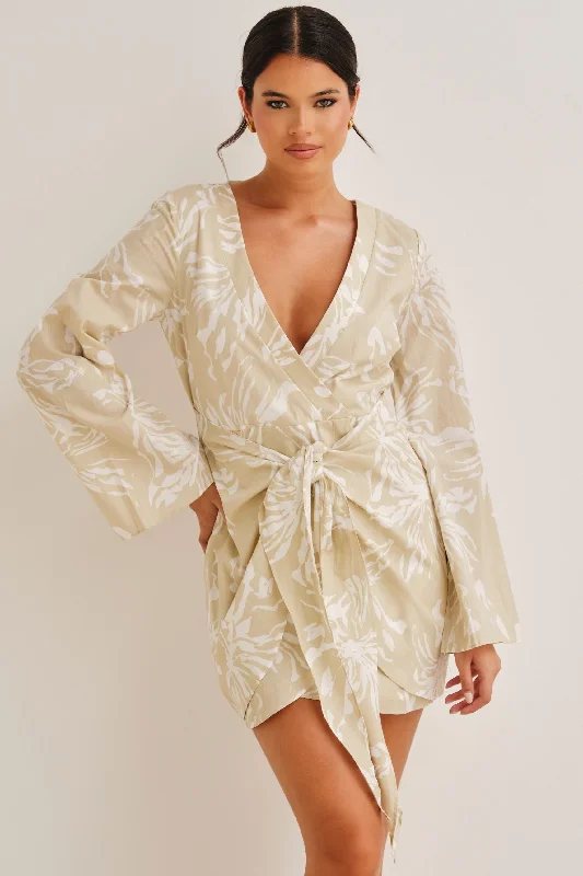 Tanya Tie Front Mini Dress Beige & White Fashionable Boho-Chic Mini Dress