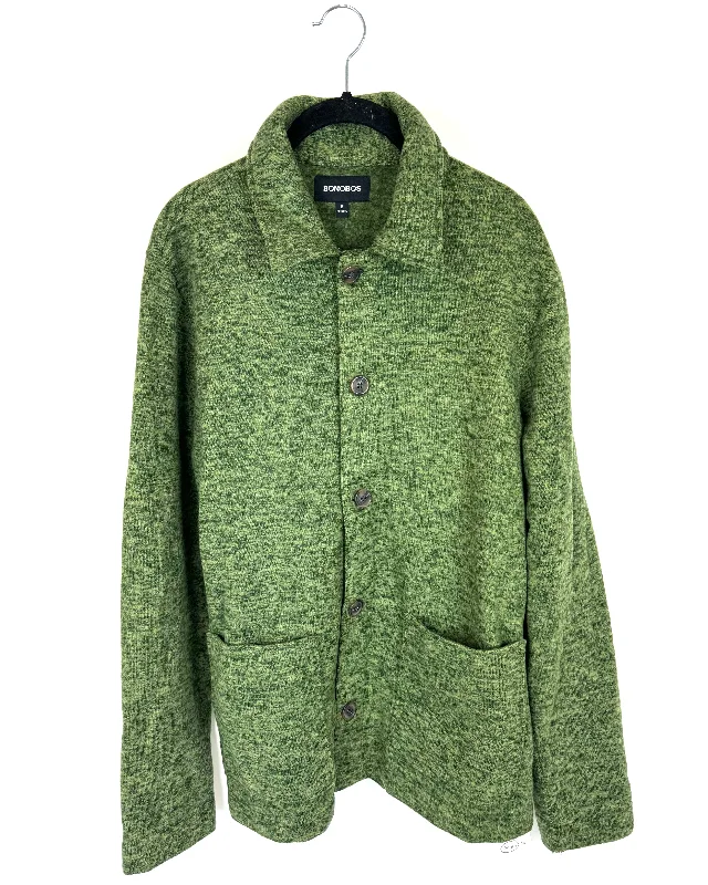 Green Button Up Sweater Jacket - Mens Medium/Womens Large Notch Collar Jacket Peter Pan Collar Jacket Cowl Neck Jacket Green Button Up Sweater Jacket - Mens Medium/Womens Large Notch Collar Jacket Peter Pan Collar Jacket Cowl Neck Jacket