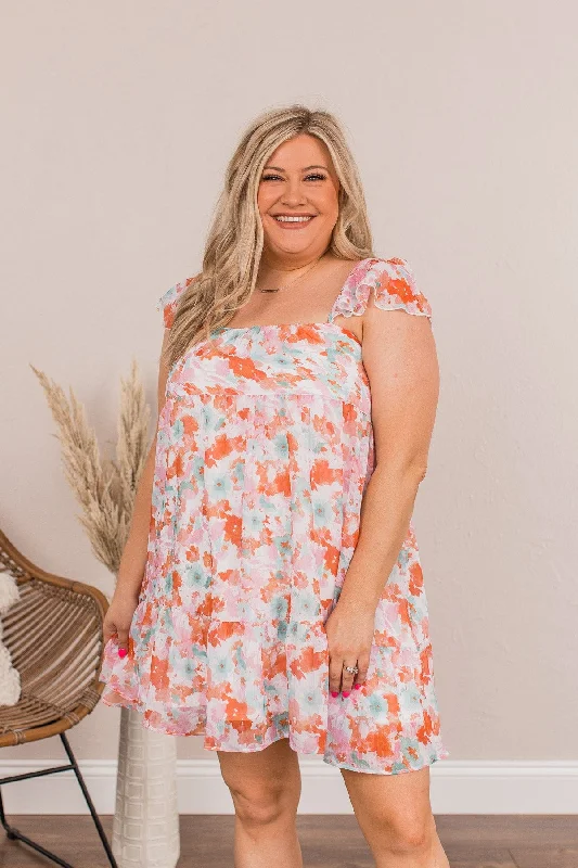 Uplifting Confidence Babydoll Mini Dress- Coral & Green Comfortable One-Shoulder Mini Dress