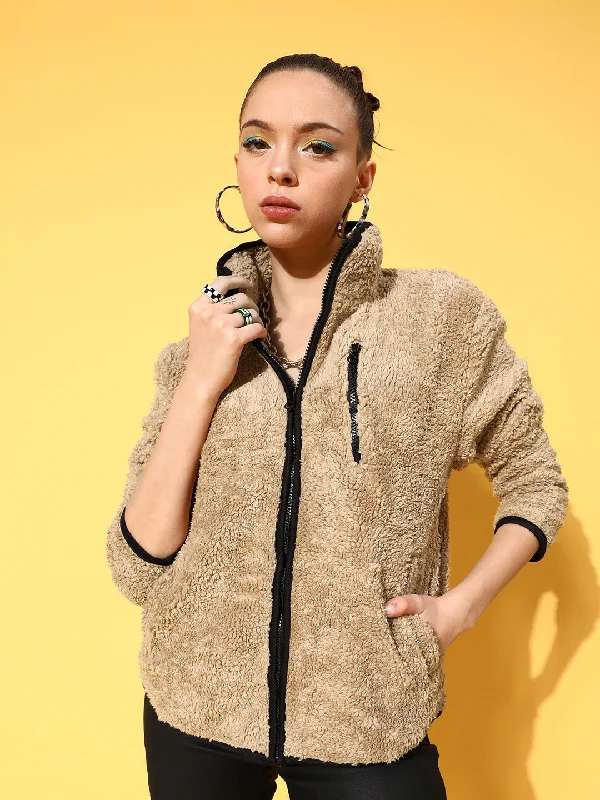 Women Beige Faux Fur Contrast Piping Jacket Herringbone Jacket Checkered Jacket Solid Jacket Women Beige Faux Fur Contrast Piping Jacket Herringbone Jacket Checkered Jacket Solid Jacket