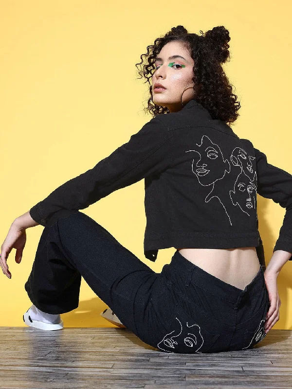 Women Black Embroidered Back Denim Jacket Tailored Jacket Straight Jacket A-Line Jacket Women Black Embroidered Back Denim Jacket Tailored Jacket Straight Jacket A-Line Jacket