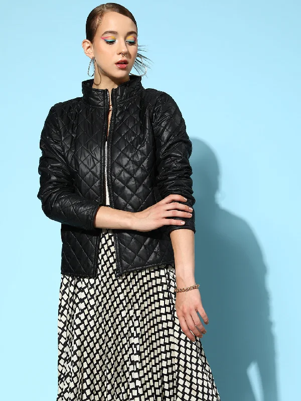 Women Black Quilted Hooded Puffer Jacket Welt Pockets Slit Pockets Flap Pockets