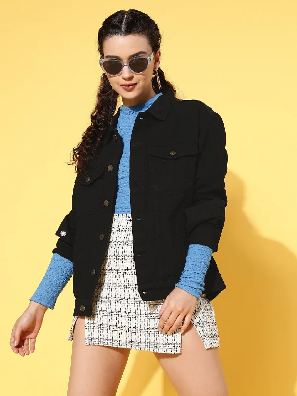 Women Black Solid Denim Jacket Nylon Fabric Polyester Fabric Spandex Fabric