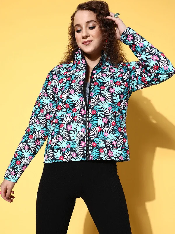 Women Black & Teal Tropical Puffer Jacket Wool Fabric Cashmere Fabric Tweed Fabric
