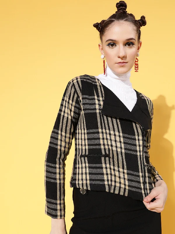 Women Brown Flannel Check Biker Jacket Fleece Jacket Down Jacket Parka