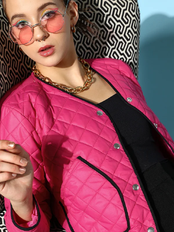 Women Fuchsia Piping Detail Quilted Jacket Ribbed Jacket Pleated Jacket Ruffled Jacket Women Fuchsia Piping Detail Quilted Jacket Ribbed Jacket Pleated Jacket Ruffled Jacket