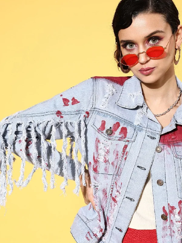 Women Ice Blue With Red Distressed Denim Jacket Zip Front Button Front Snap Front