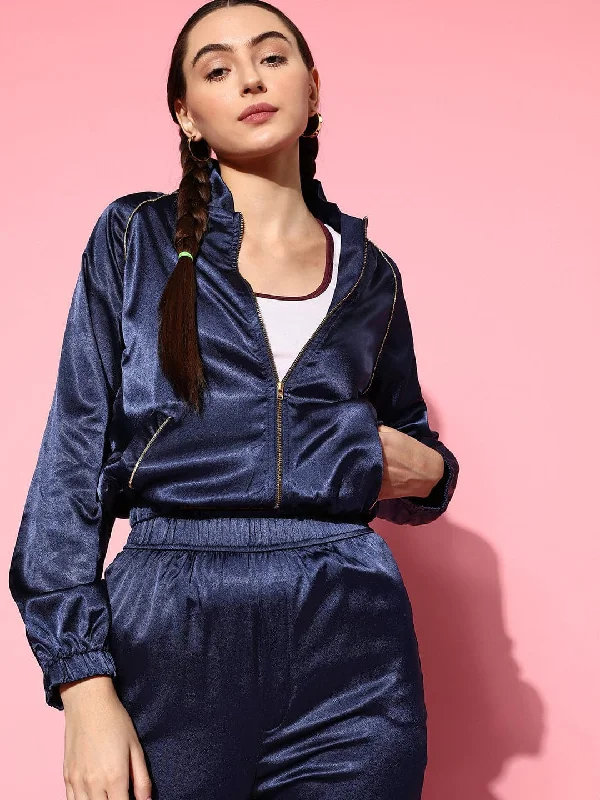 Women Navy Lycra Satin Constrast Piping Bomber Jacket Jacket Blazer Coat