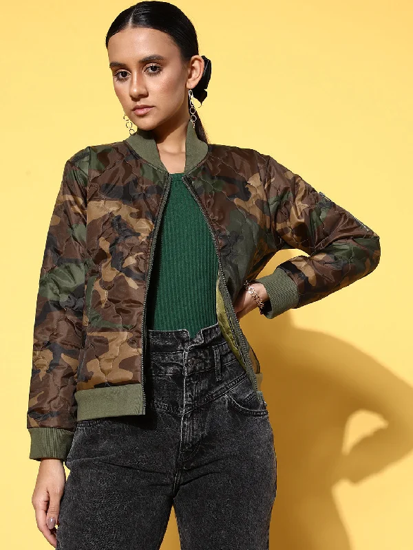 Women Olive Camouflage Print Front Zipper Quilted Puffer Jacket Knit Jacket Woven Jacket Fleece Jacket Women Olive Camouflage Print Front Zipper Quilted Puffer Jacket Knit Jacket Woven Jacket Fleece Jacket