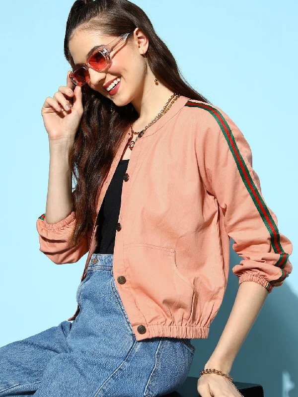Women Pink Denim Bomber Sleeve Tape Jacket Fleece Jacket Down Jacket Parka