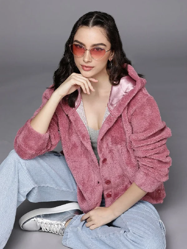 Women Pink Faux Fur Front Button Hooded Jacket Fleece Fabric Down Fabric Feather Fabric