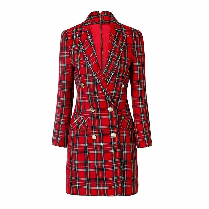Women Red Plaid Short Double Breasted Mini Dress Elegant Satin Mini Dress