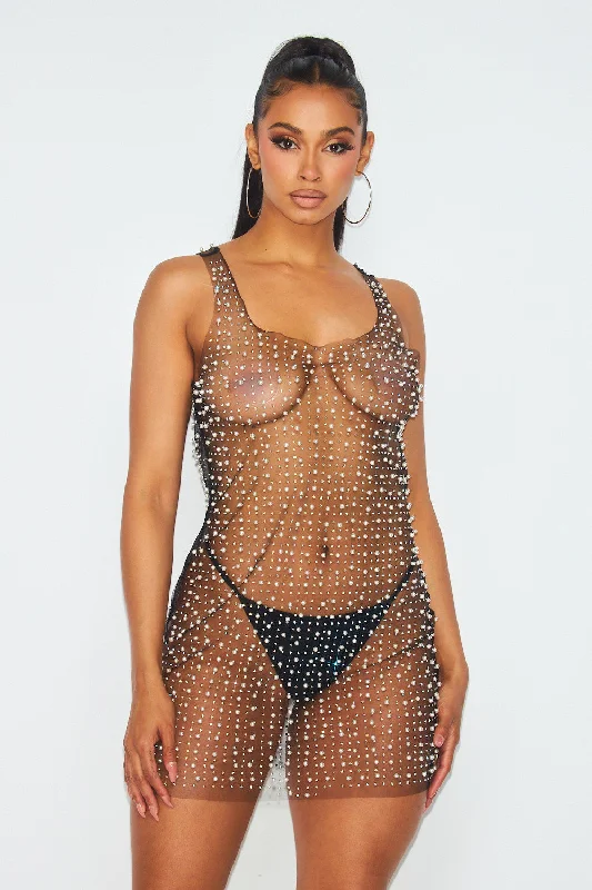 Ximena Pearl and Rhinestone Sheer Mesh Mini Dress Chic Puff Sleeve Mini Dress