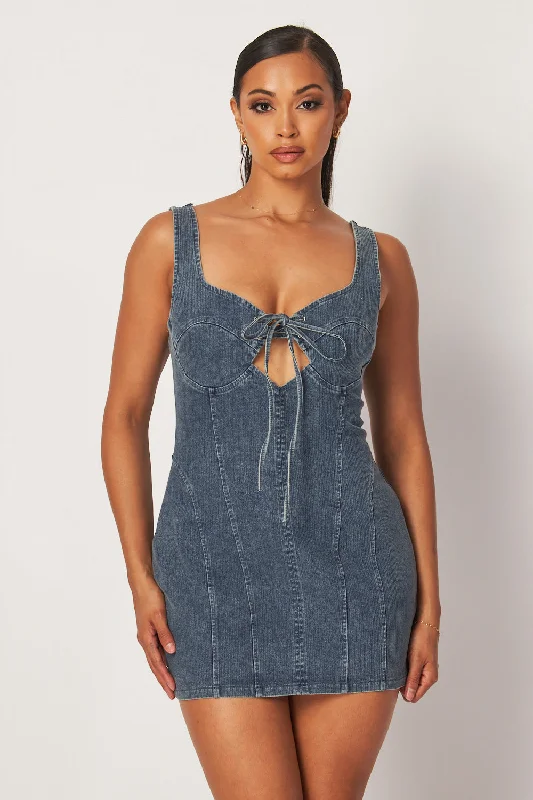 Zaria Keyhole Bow Denim Jean Mini Dress Comfortable Shift Mini Dress