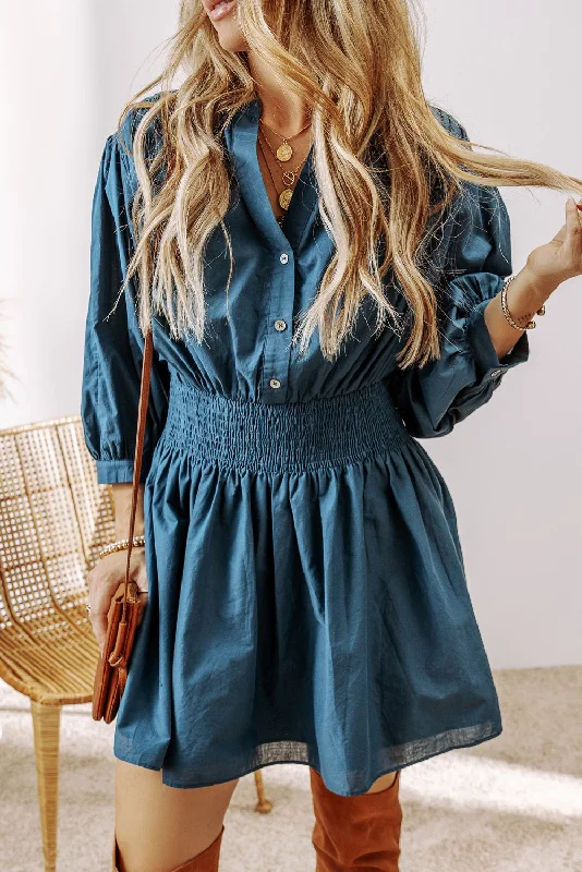 3/4 Sleeve Shirred High Waist Mini Dress Fashionable Mini Dress with Frills