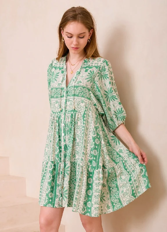 Belinda Green/White Palm Print Mini Dress Fashionable Mini Dress with Frills