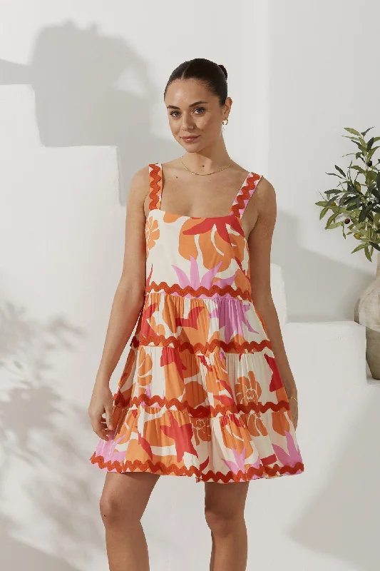 Calinda Orange Abstract Ric Rac Tiered Mini Dress Stylish Spaghetti Strap Mini Dress