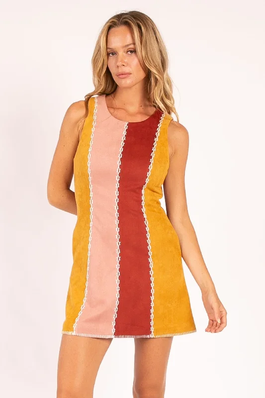 Color Block Suede Mini Dress Stylish Short Sleeve Mini Dress