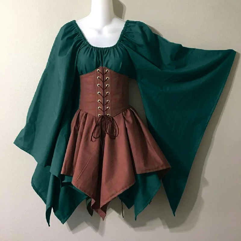 Halloween Women Medieval Cosplay Costumes Ladies Gothic Retro Long Sleeve Corset Dress Female Patchwork Belt Fashion Mini Dress Comfortable Zip-Up Mini Dress