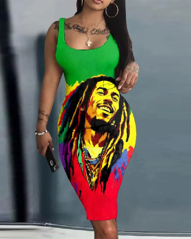 Reggae Music Bob Bodycon Scoop Neck Mini Dress Trendy Floral Mini Dress